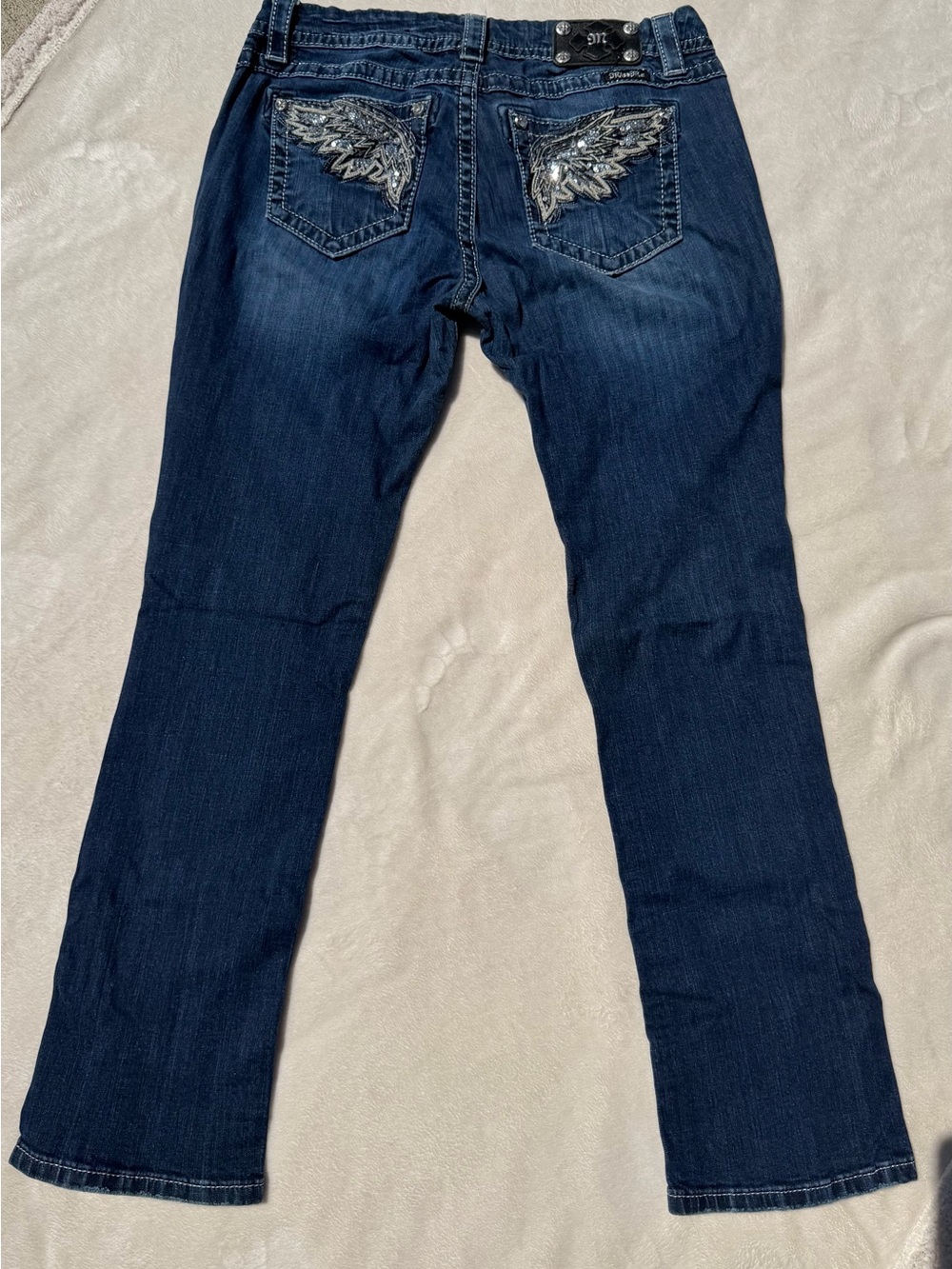 Miss Me Dark Blue Straight Leg Jeans with Embellished Wing Pockets